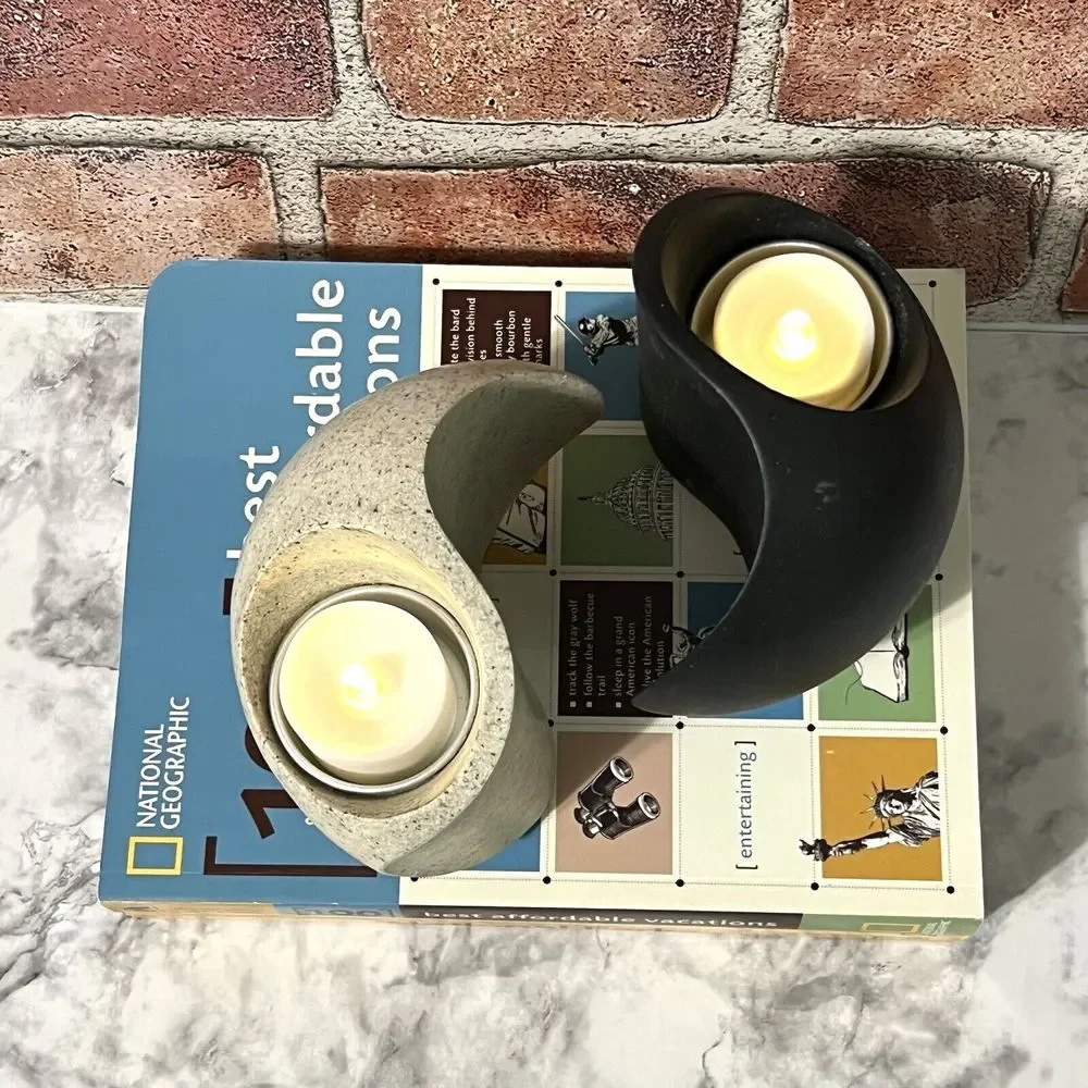 VTG PartyLite Yin and Yang Stone Tea Light Candle Holder Set RETIRED Black White